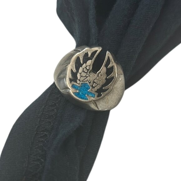 Silver Tone HD Biker Ring | Eagle & Turquoise Shield Double Ring Sz 11.5/12 Mens - Picture 2 of 7